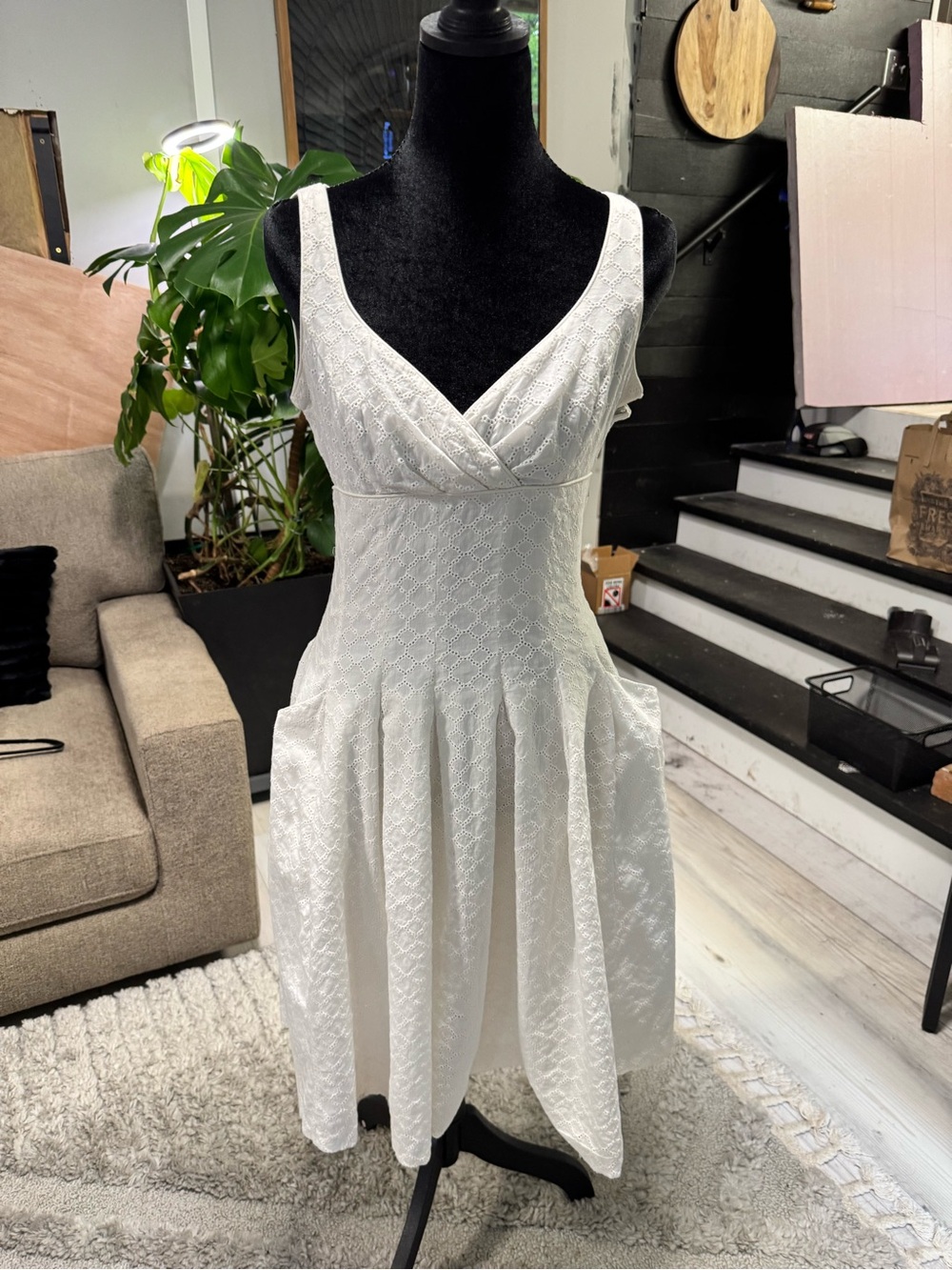Ralph Lauren White Eyelet Sleeveless V-Neck Midi Dress
